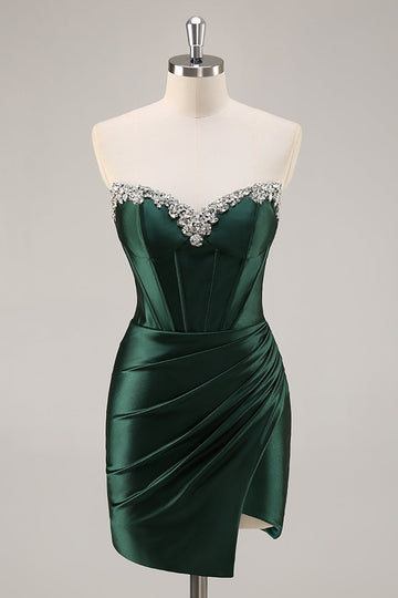 Sparkly Dark Green Corset Short Cocktail Dress with Rhinestones